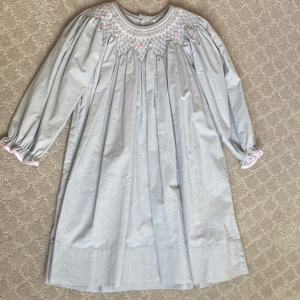 Petit Ami Gray Checked Smocked Dress with Delicate Pink Flowers and Trim